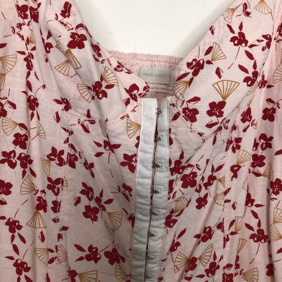 Urban Outfitters Puff Sleeve Cotton Mini Dress Fan Floral Pink Red Large - Picture 3 of 9